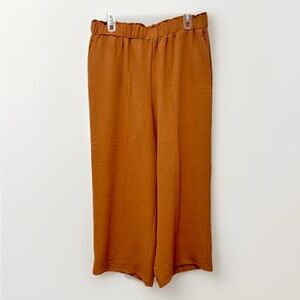 Terracotta Cropped Wide Leg Pants Elastic Waist Textured Casual‎ Trousers
